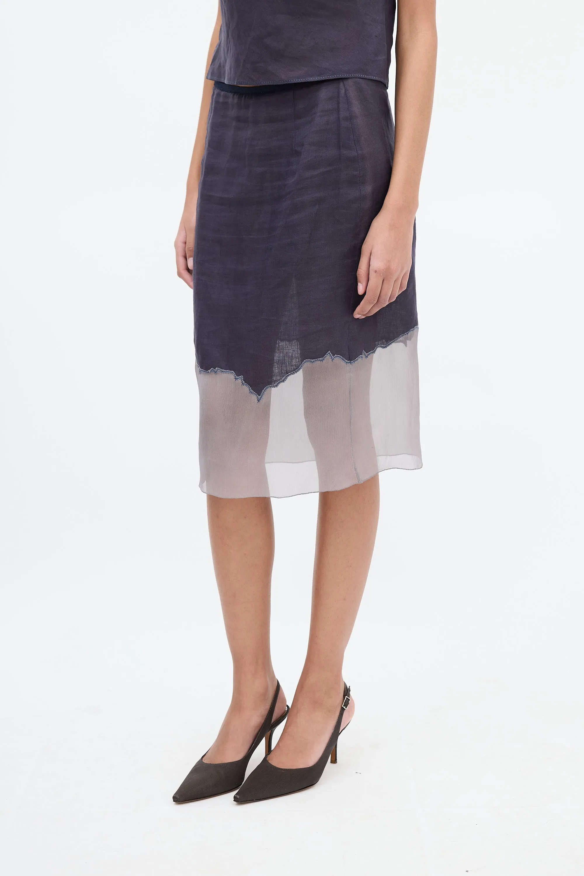 1998 Navy & Grey Linen & Silk Panelled Skirt