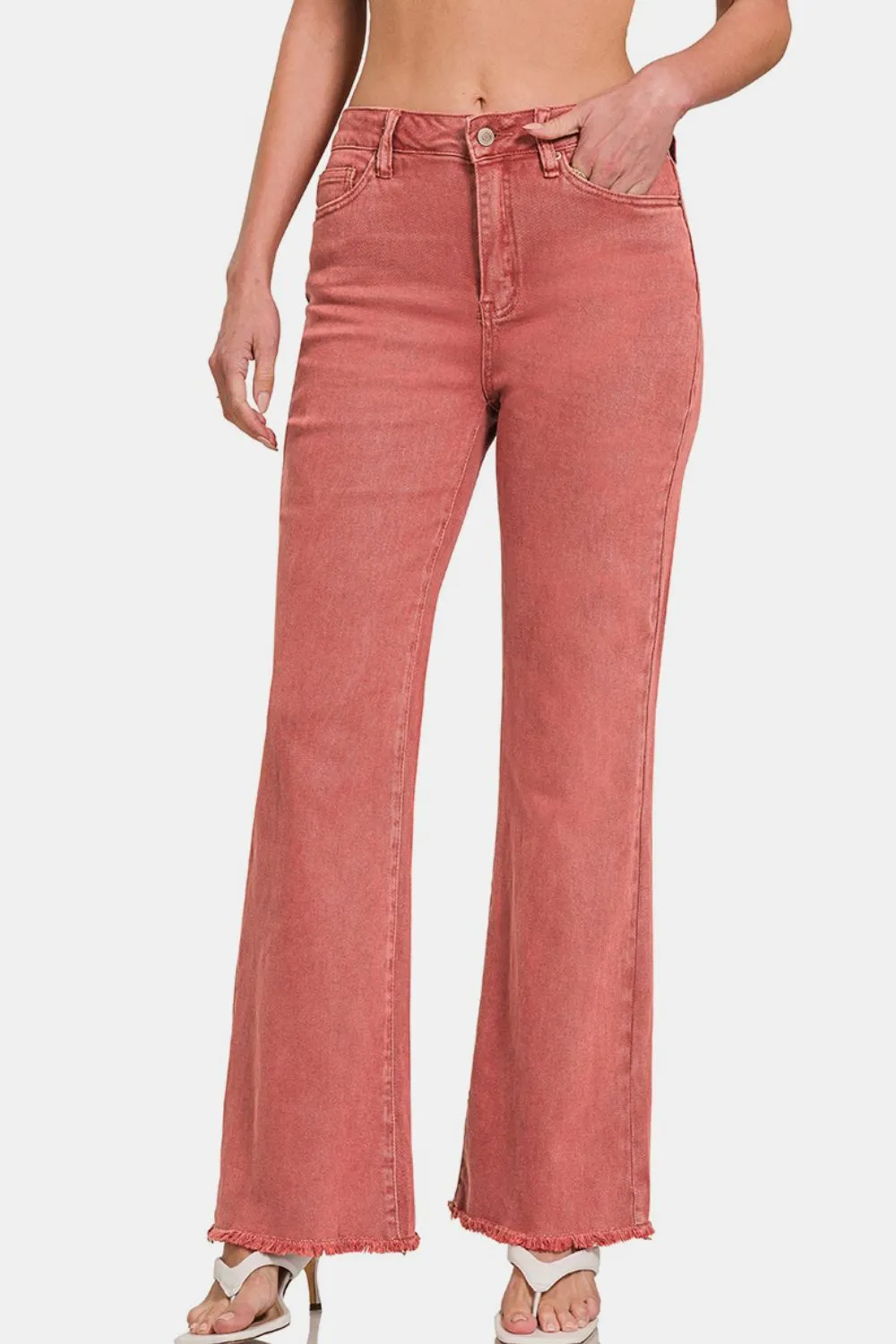 Acid Washed Frayed Hem Bootcut Jeans in Cabernet
