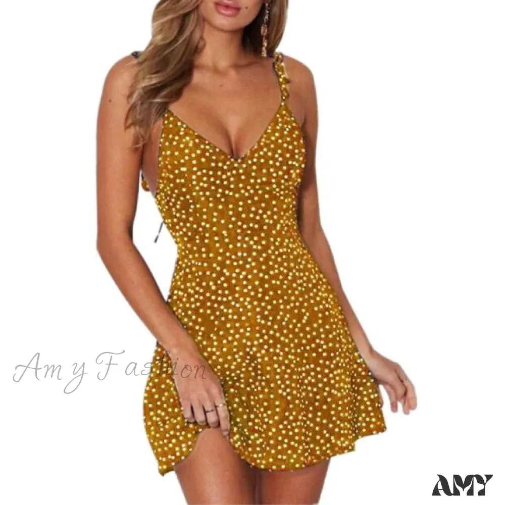 Amy Fashion - Sexy Ladies High Waist Dot Printing Mini Dresses