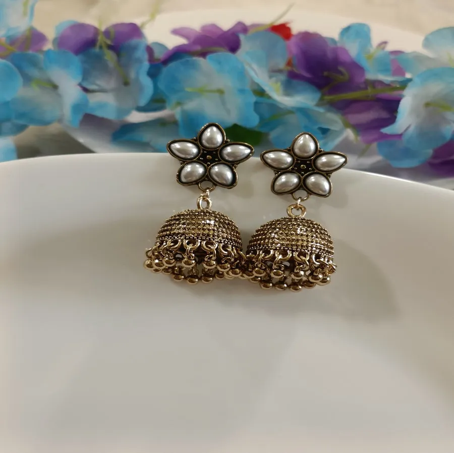 Antique Gold Plated Floral White Pearl Jhumka Earring