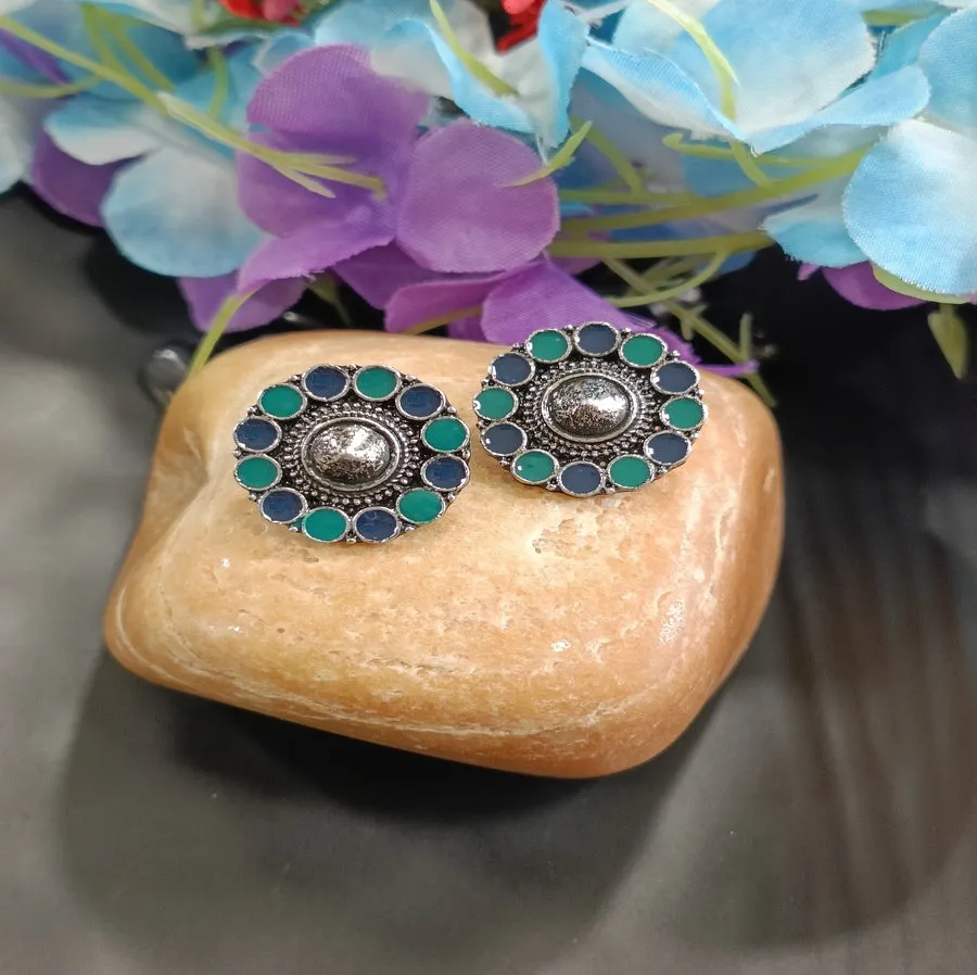 Antique Silver Plated Dual Enamel Stud Earring