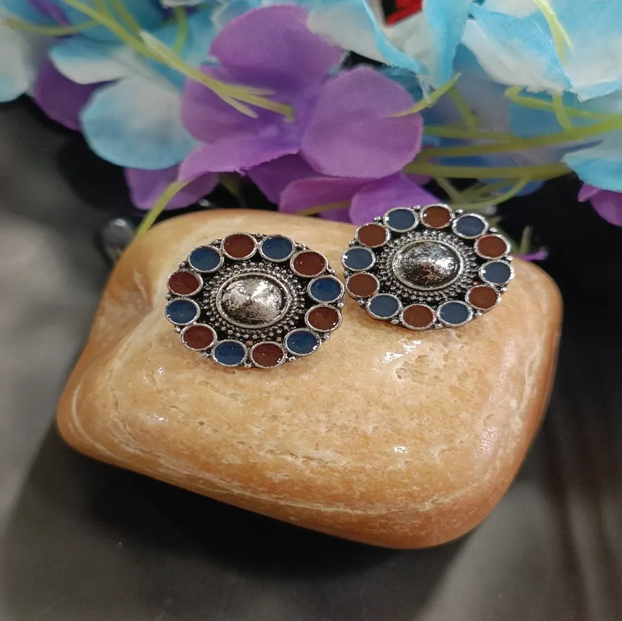 Antique Silver Plated Dual Enamel Stud Earring