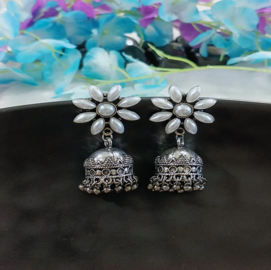 Antique Silver Plated Floral Pearl Jhumka Earring