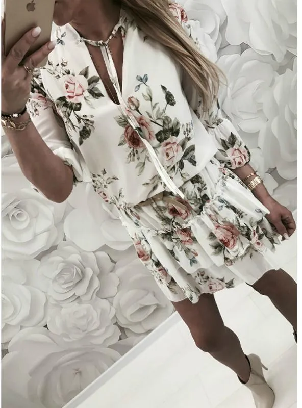 BerryBetty - Boho Style Floral Print Chiffon Beach Dress