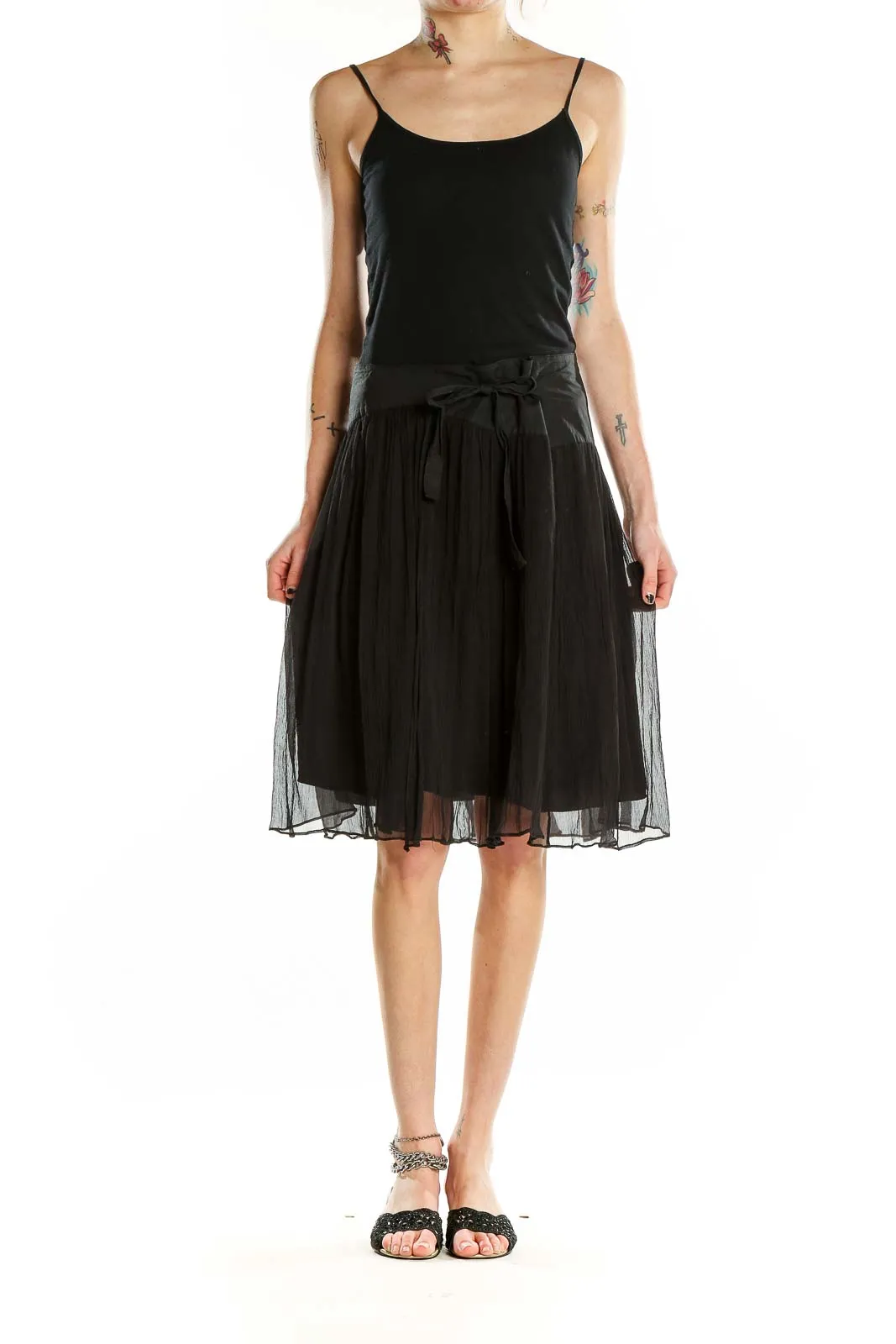 Black Silk Tulle Midi Skirt