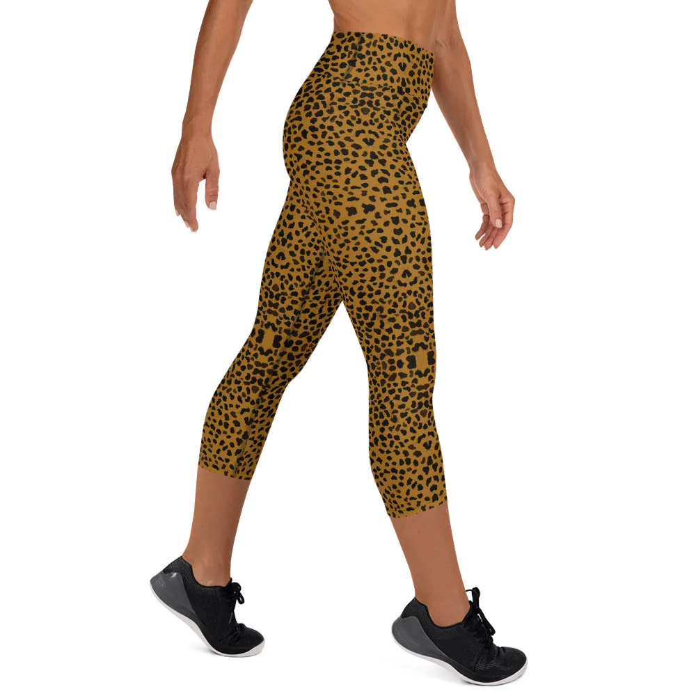 Brown Cheetah Yoga Capri Leggings, Animal Print Women's Capris Tights-Made in USA/EU