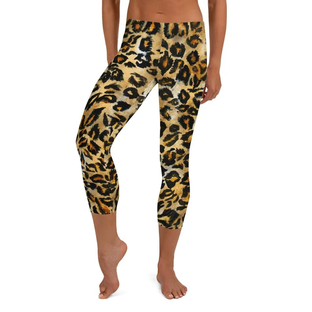 Brown Leopard Capri Leggings, Animal Print Dressy Women's Gym Pants- Made in USA/ EU