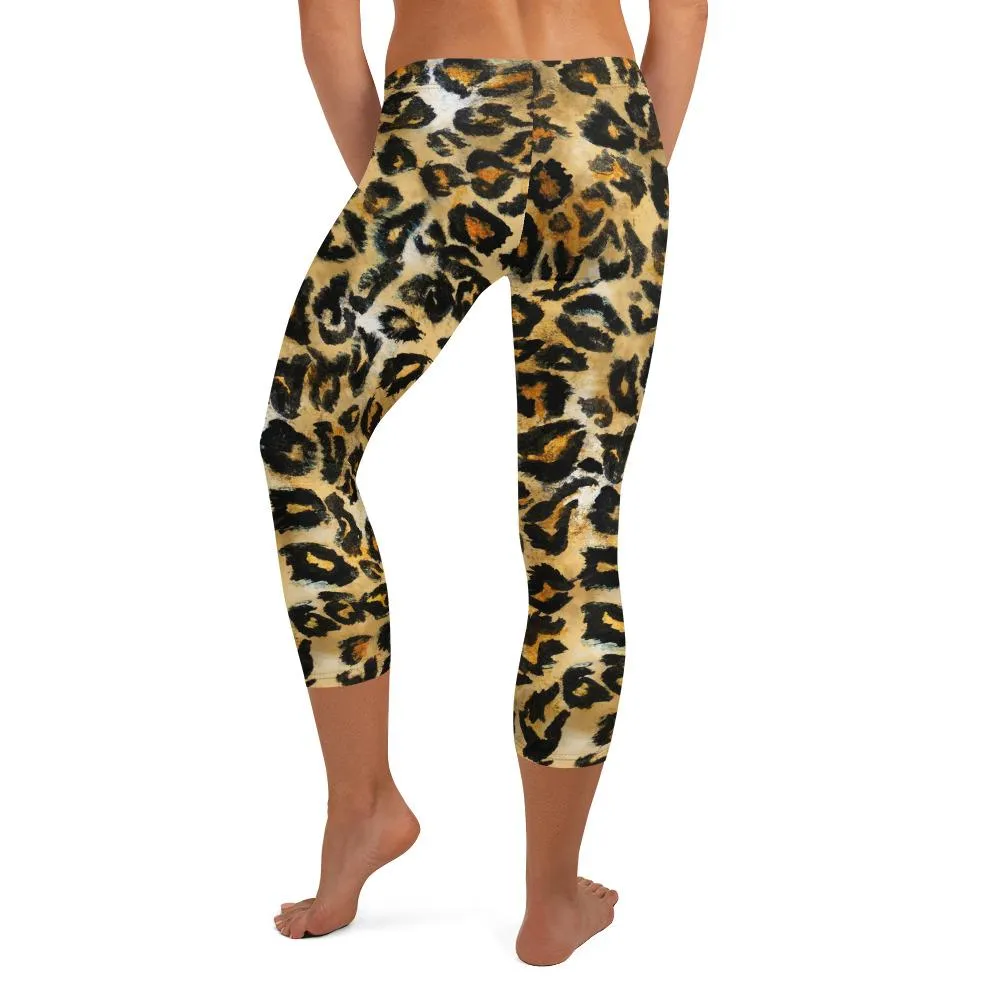 Brown Leopard Capri Leggings, Animal Print Dressy Women's Gym Pants- Made in USA/ EU