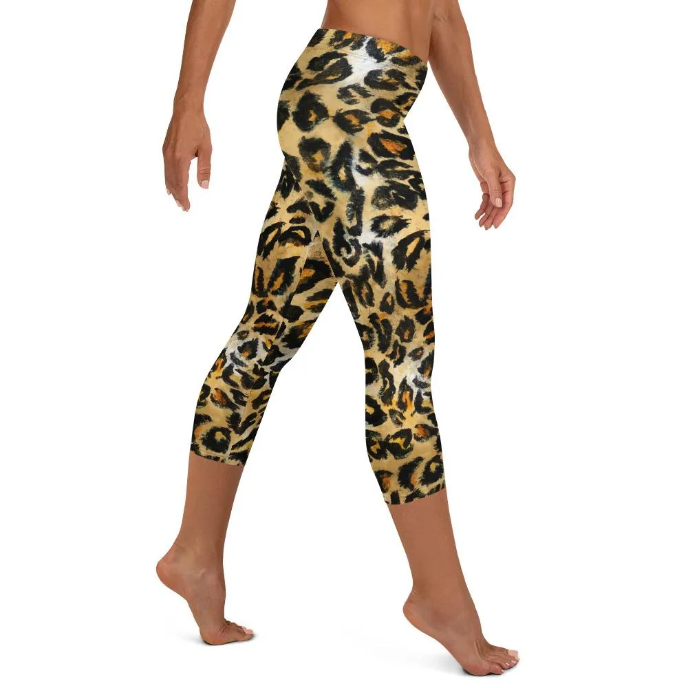 Brown Leopard Capri Leggings, Animal Print Dressy Women's Gym Pants- Made in USA/ EU