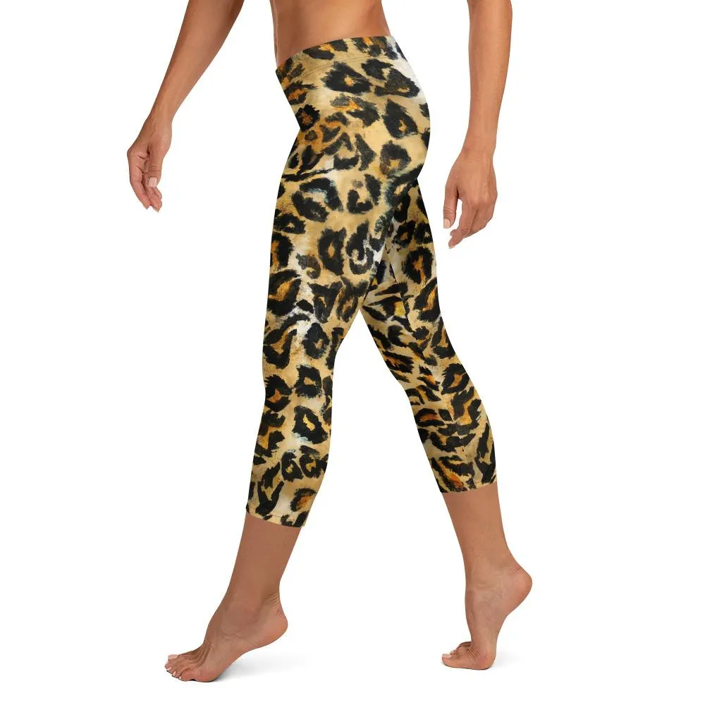 Brown Leopard Capri Leggings, Animal Print Dressy Women's Gym Pants- Made in USA/ EU