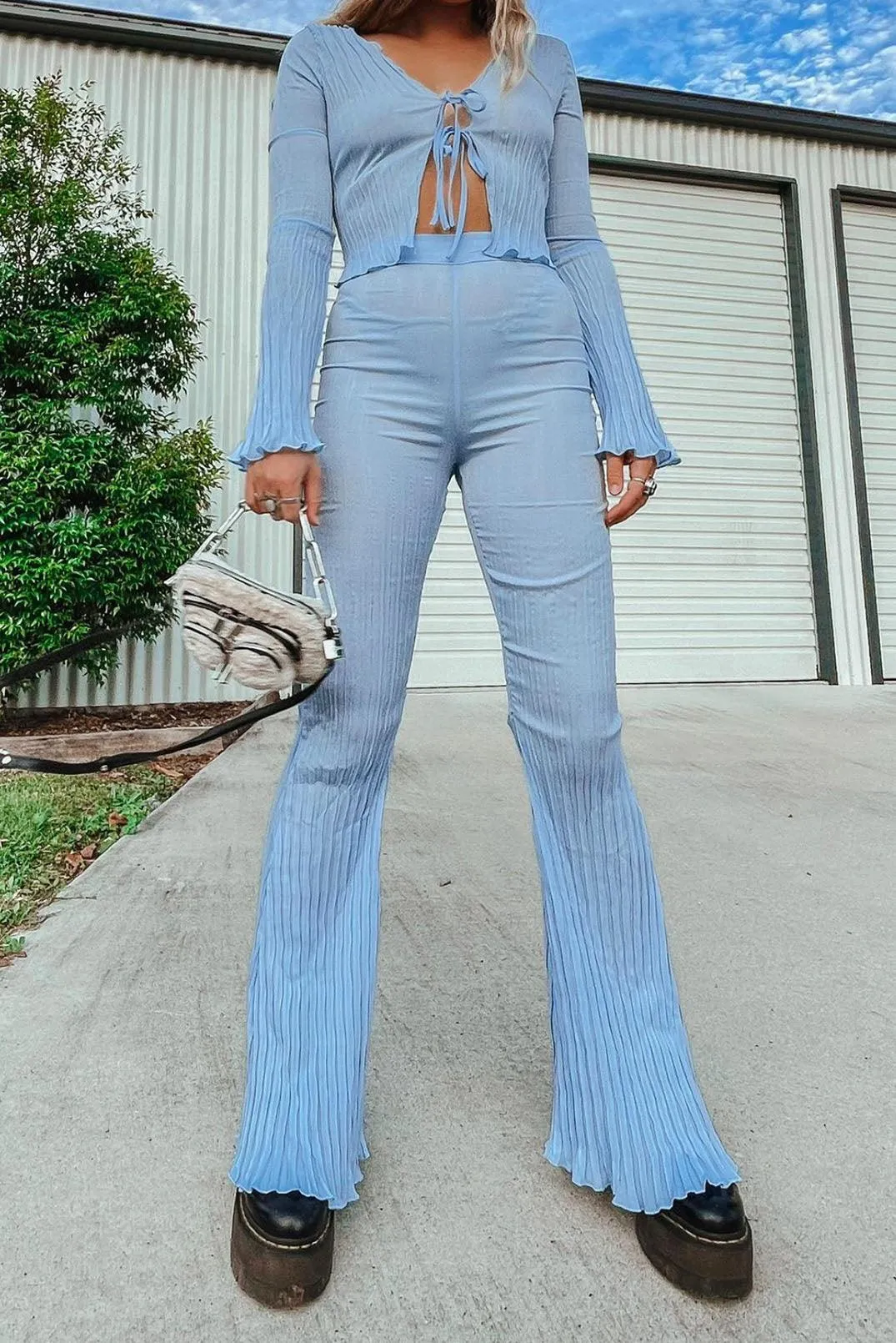 Crinkle 'Wave Fern' Bootcut Flared Trousers