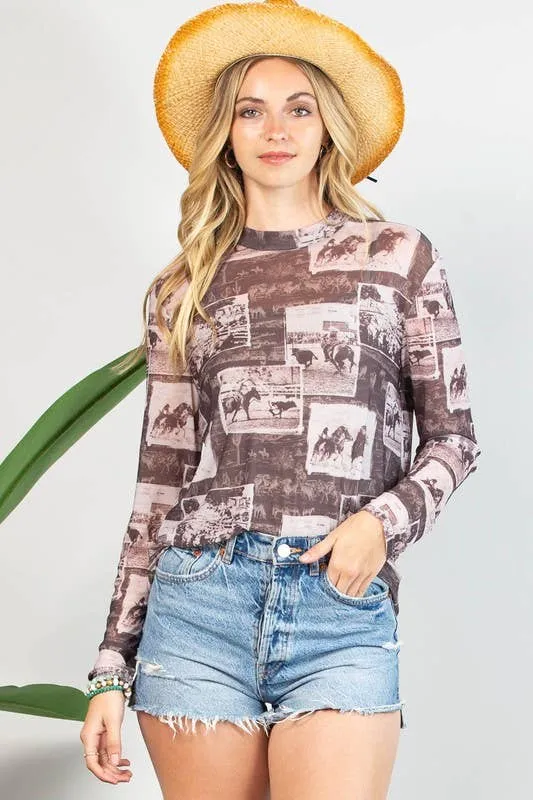 DELANY WESTERN RODEO PRINT SEMI SHEER MESH TOP