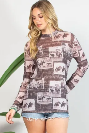 DELANY WESTERN RODEO PRINT SEMI SHEER MESH TOP