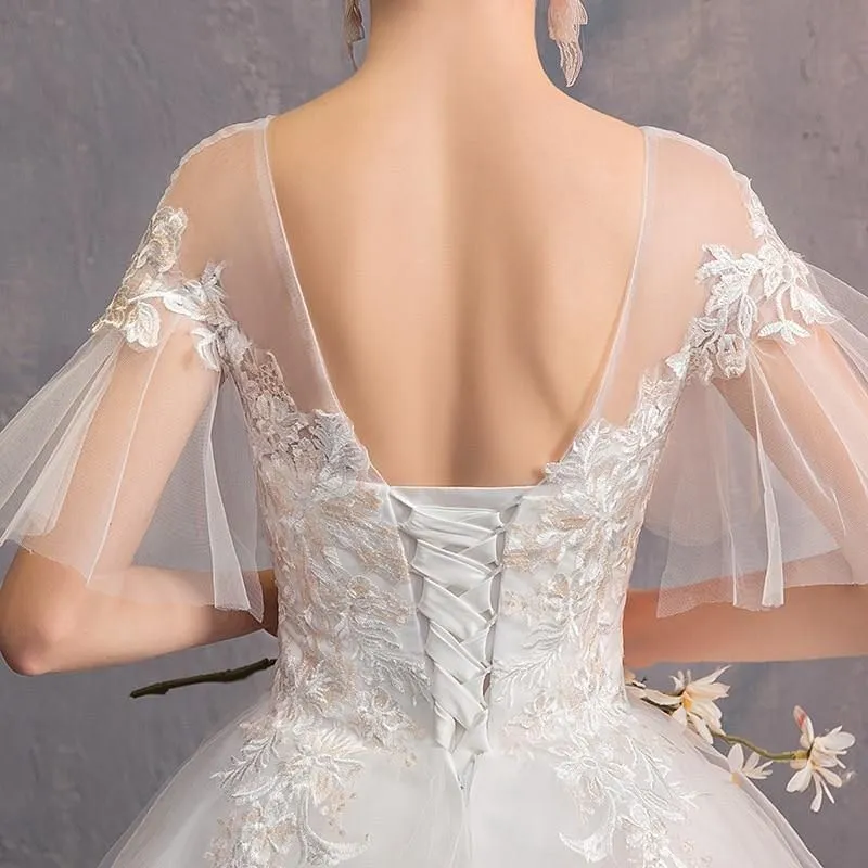 Elegant Lace Wedding Dresses O-Neck Short Sleeve Ball Gown