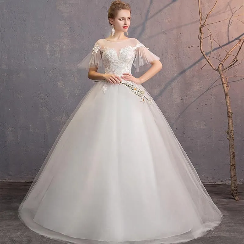 Elegant Lace Wedding Dresses O-Neck Short Sleeve Ball Gown