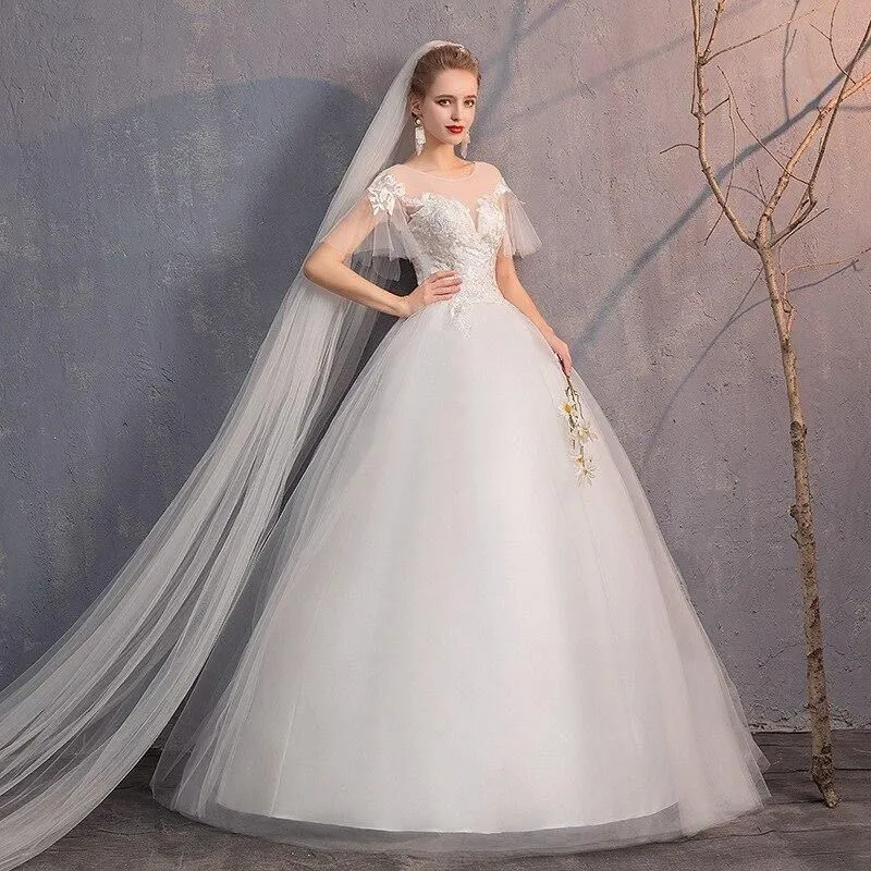 Elegant Lace Wedding Dresses O-Neck Short Sleeve Ball Gown