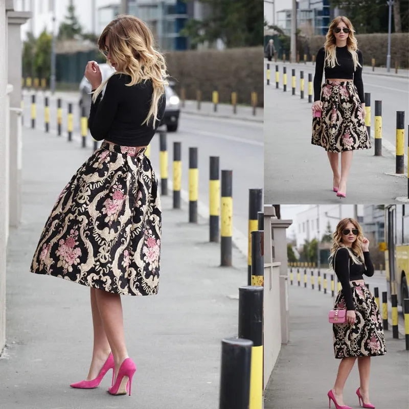 Fashionkova  Summer Sexy Women Retro Floral High Waist Skirt Pleated Ball Gown Skirt Party Club  Midi Skater Skirt