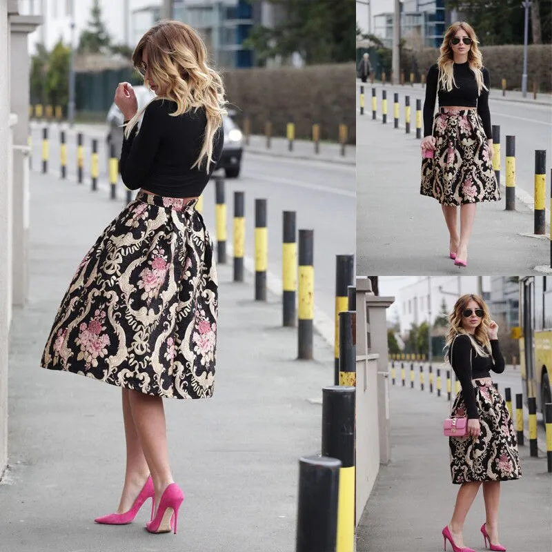 Fashionkova  Summer Sexy Women Retro Floral High Waist Skirt Pleated Ball Gown Skirt Party Club  Midi Skater Skirt