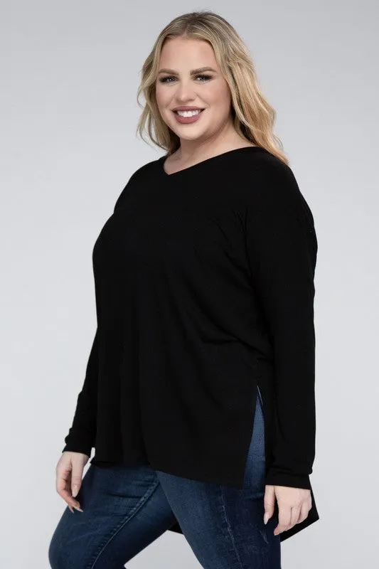 Free with $99 Purchase Plus Dolman Sleeve V-Neck Side Slit Hi-Low Hem Top