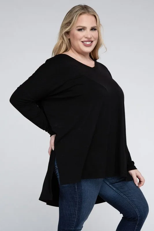Free with $99 Purchase Plus Dolman Sleeve V-Neck Side Slit Hi-Low Hem Top