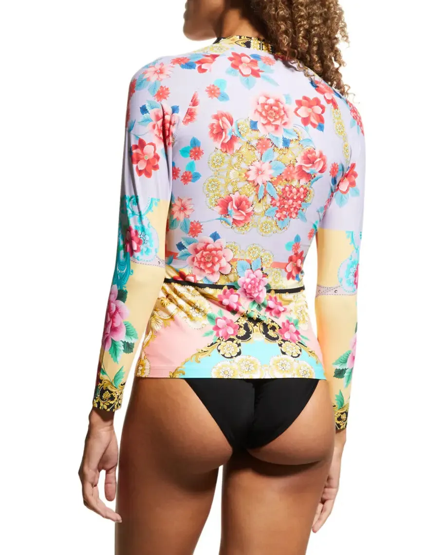 Johnny Was Swim Long Sleeve Japer Surf Shirt Ocean Rash Guard Top Red Floral Blue L NEW