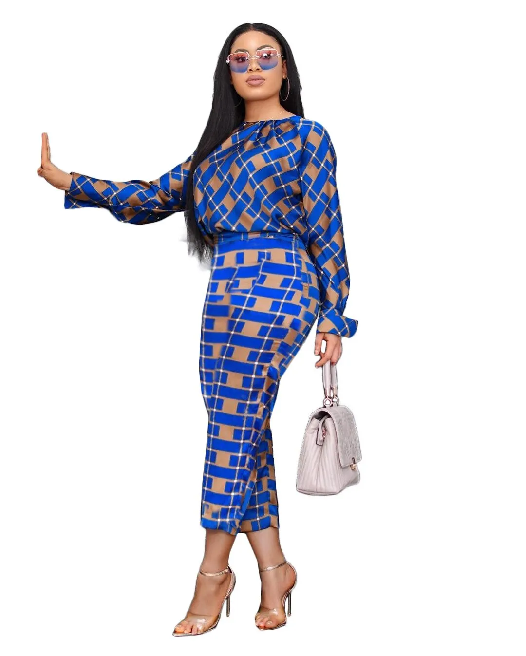 Lauren Plaid Pant and Top Set  women's autumn new fashion long-sleeved loose blouse two-piece
