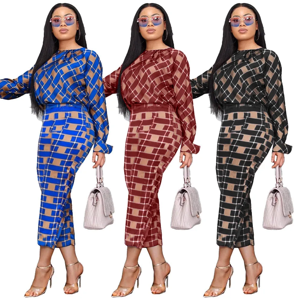 Lauren Plaid Pant and Top Set  women's autumn new fashion long-sleeved loose blouse two-piece