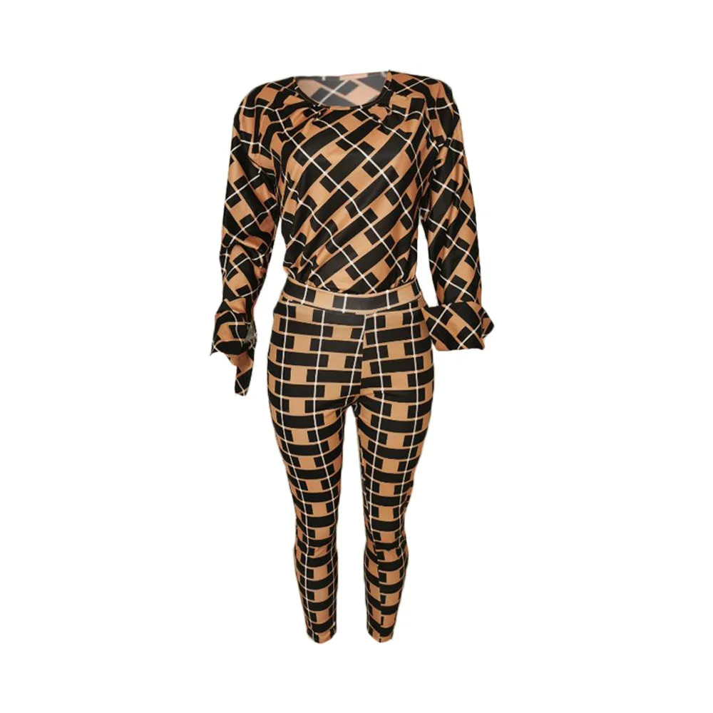 Lauren Plaid Pant and Top Set  women's autumn new fashion long-sleeved loose blouse two-piece