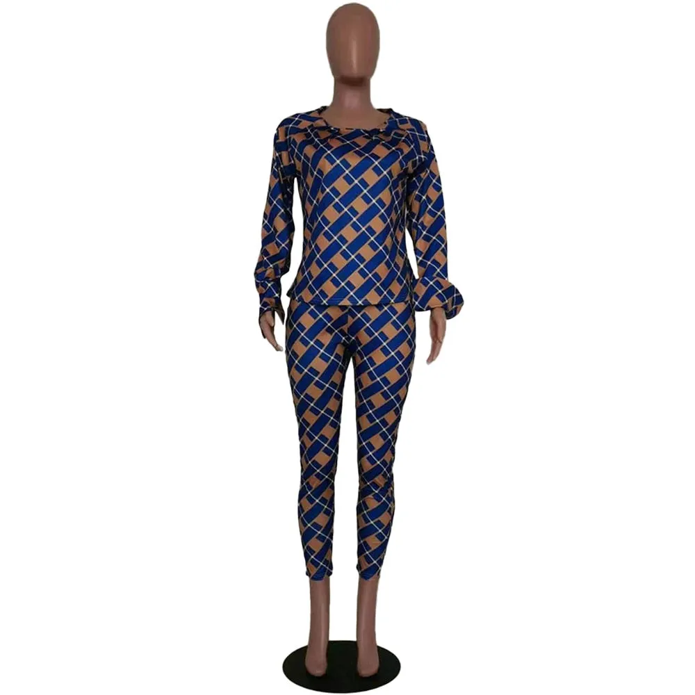 Lauren Plaid Pant and Top Set  women's autumn new fashion long-sleeved loose blouse two-piece