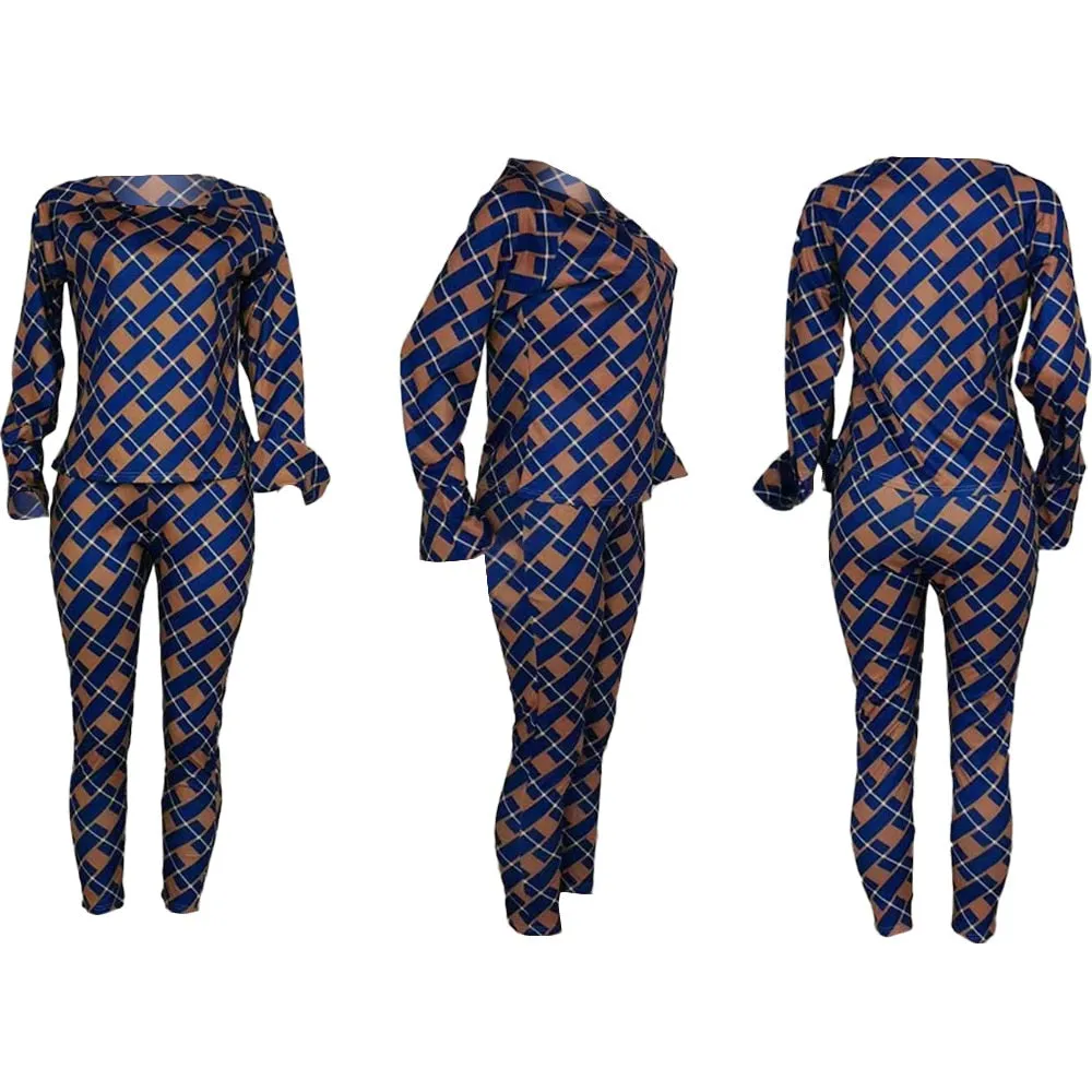 Lauren Plaid Pant and Top Set  women's autumn new fashion long-sleeved loose blouse two-piece