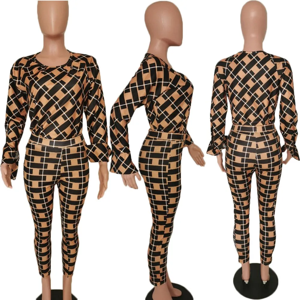 Lauren Plaid Pant and Top Set  women's autumn new fashion long-sleeved loose blouse two-piece