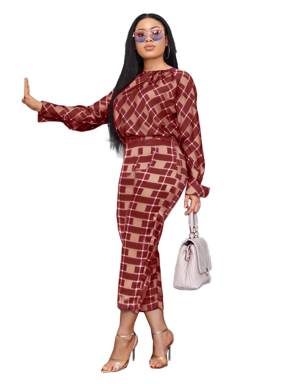 Lauren Plaid Pant and Top Set  women's autumn new fashion long-sleeved loose blouse two-piece