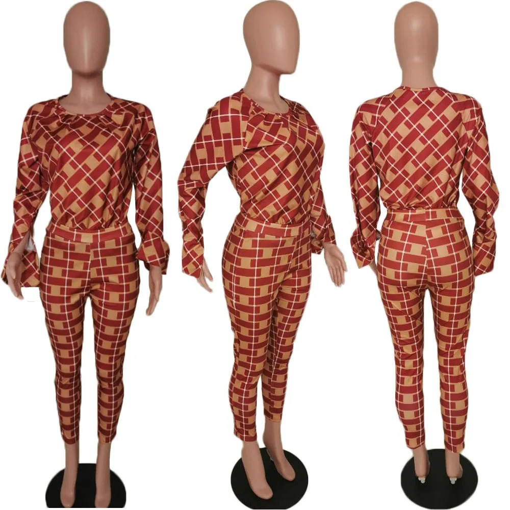 Lauren Plaid Pant and Top Set  women's autumn new fashion long-sleeved loose blouse two-piece