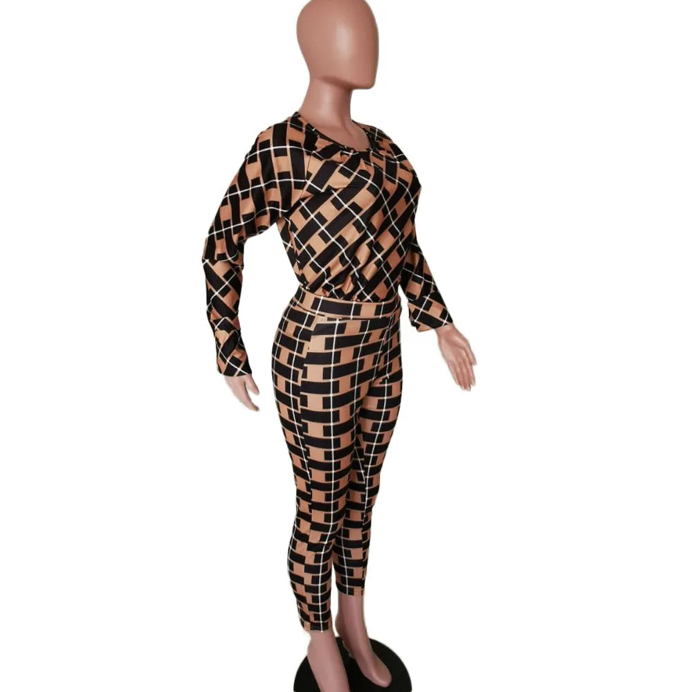 Lauren Plaid Pant and Top Set  women's autumn new fashion long-sleeved loose blouse two-piece