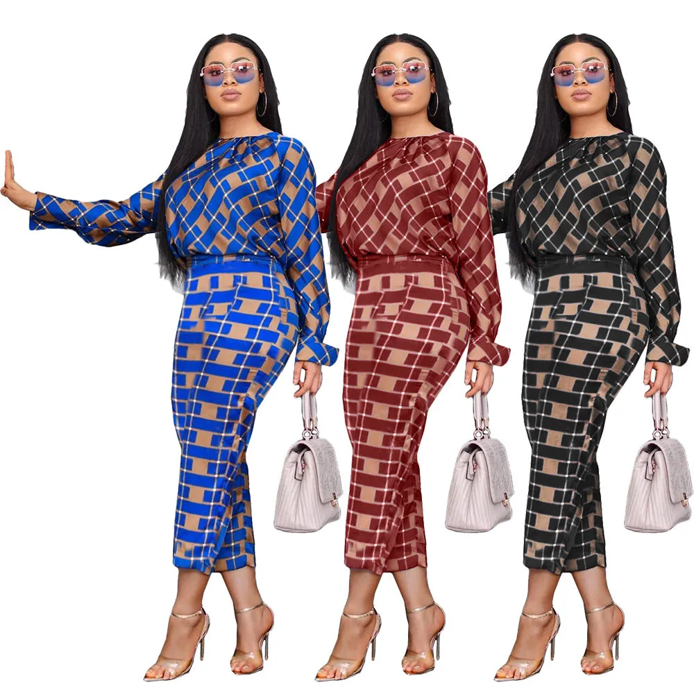 Lauren Plaid Pant and Top Set  women's autumn new fashion long-sleeved loose blouse two-piece