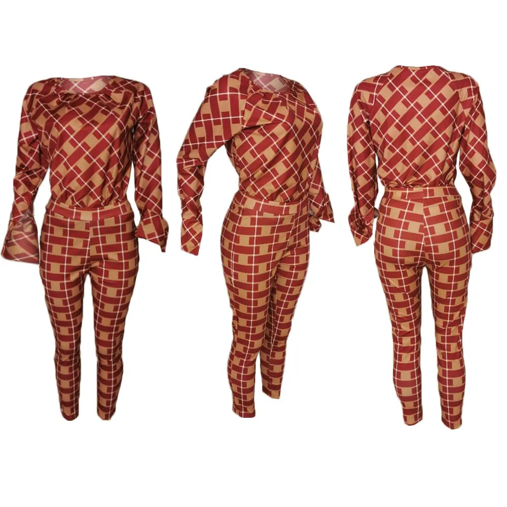 Lauren Plaid Pant and Top Set  women's autumn new fashion long-sleeved loose blouse two-piece