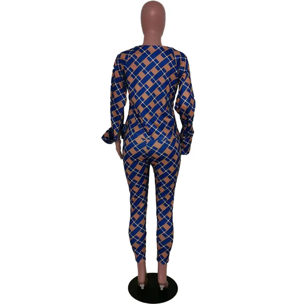 Lauren Plaid Pant and Top Set  women's autumn new fashion long-sleeved loose blouse two-piece