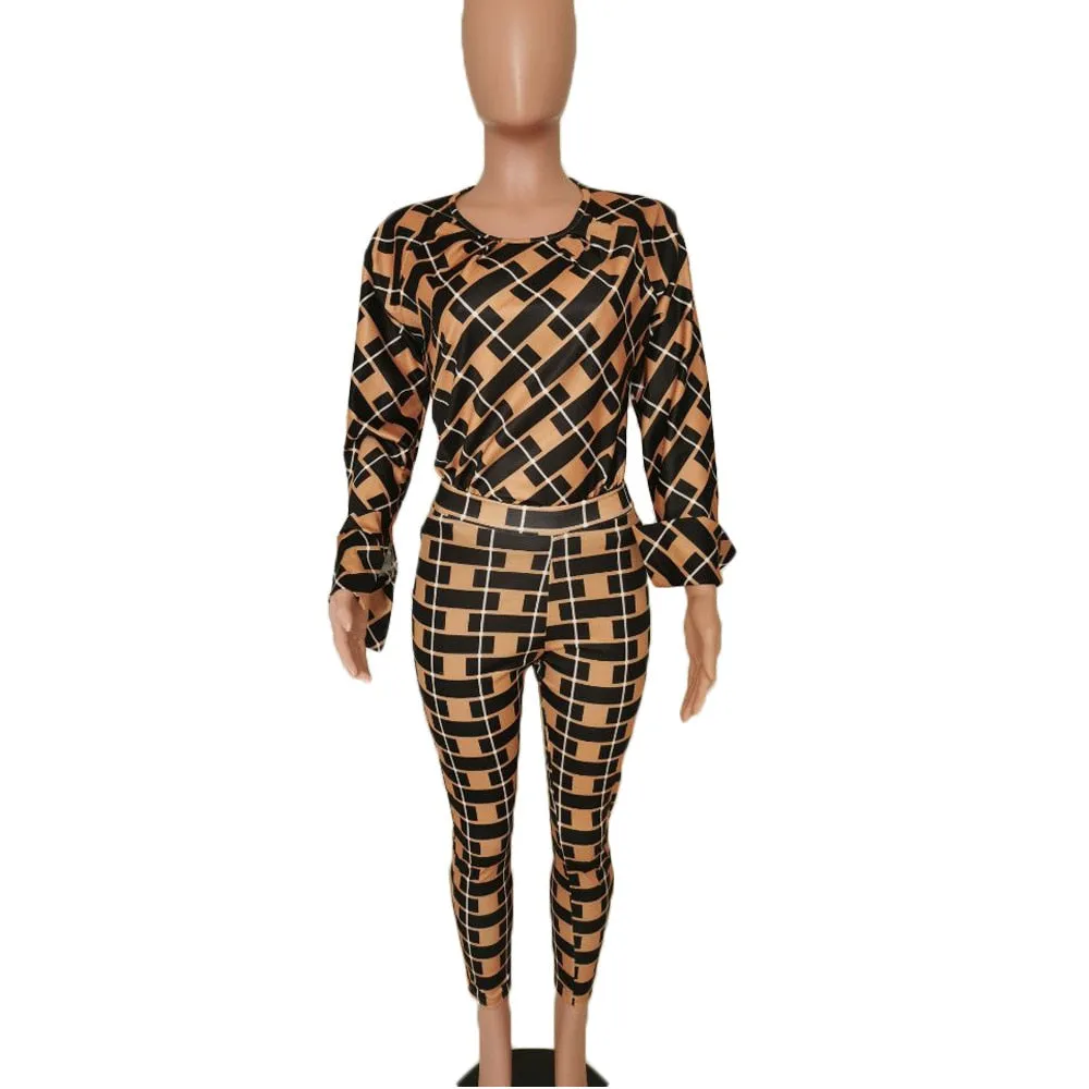 Lauren Plaid Pant and Top Set  women's autumn new fashion long-sleeved loose blouse two-piece