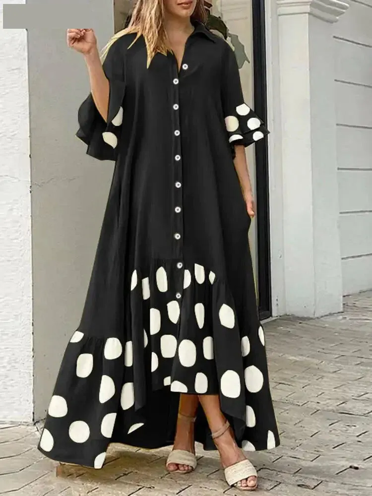 Loose Polka Dot High-Low Shirt Dress for Casual Days