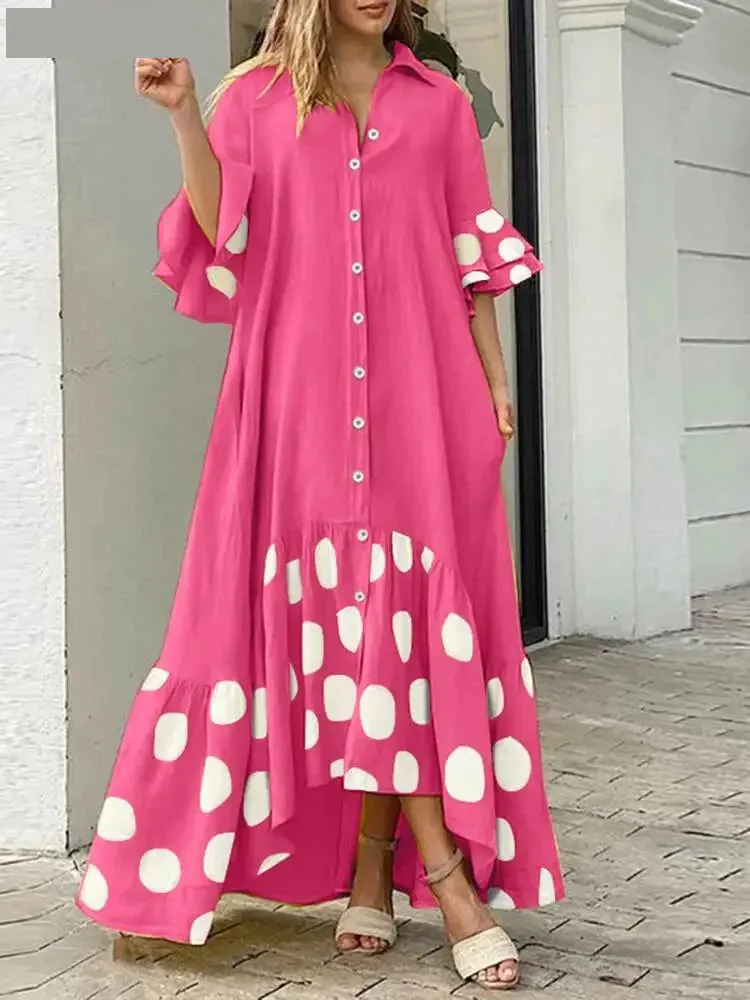 Loose Polka Dot High-Low Shirt Dress for Casual Days