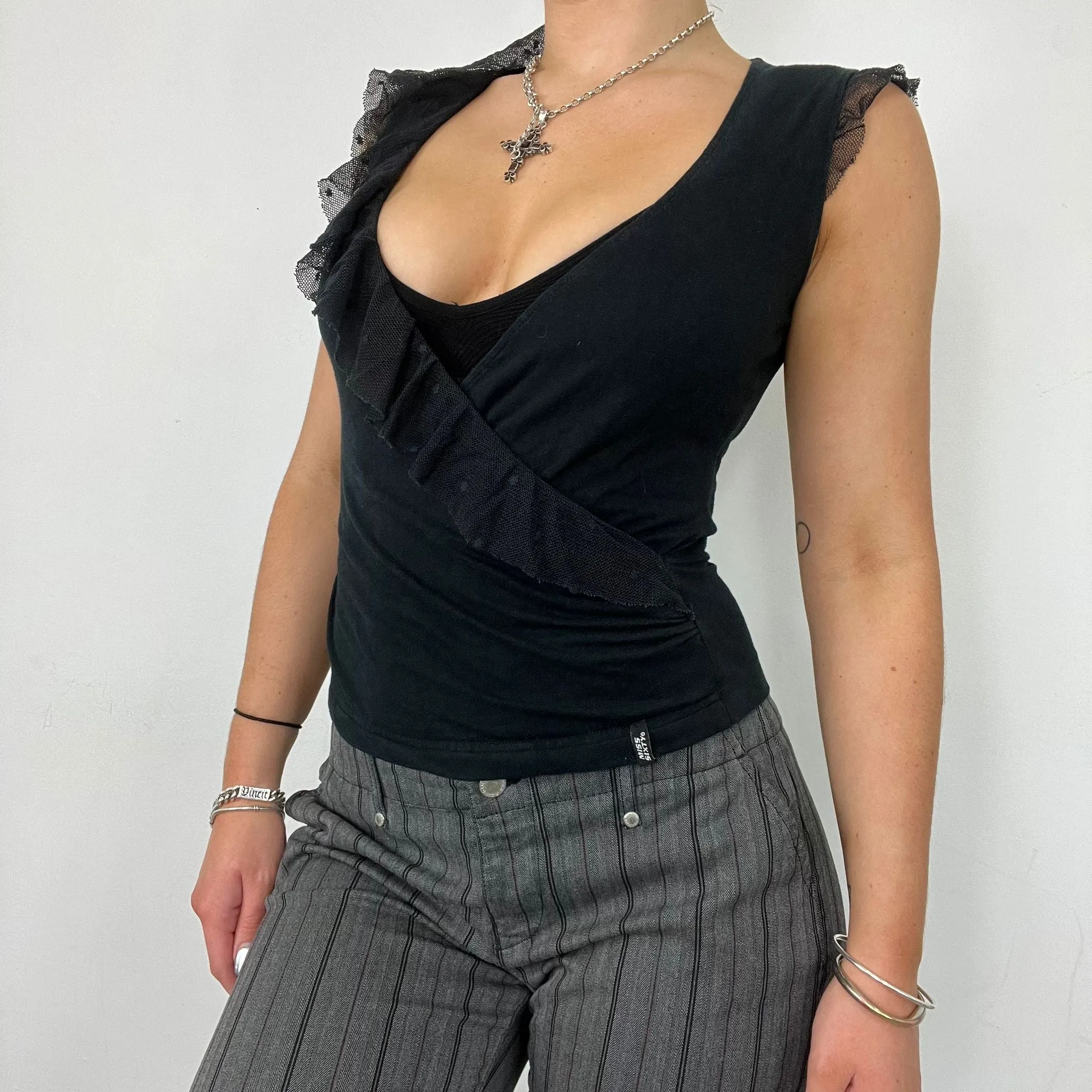Miss Sixty Black Lace Ruffle V Neck Vest (M)