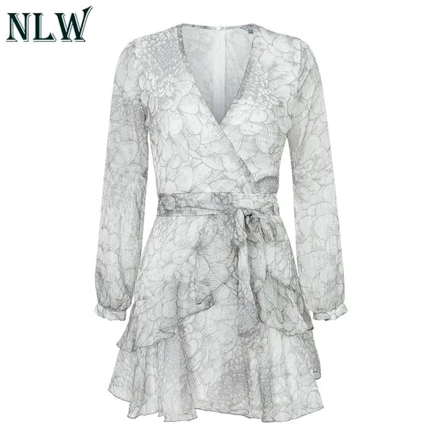 NLW 2019 Long Sleeve Chiffon Women Dress Feminino Party Ruffle Dress Elegant Casual Vintage Autumn Winter Pink Dresses Vestidos