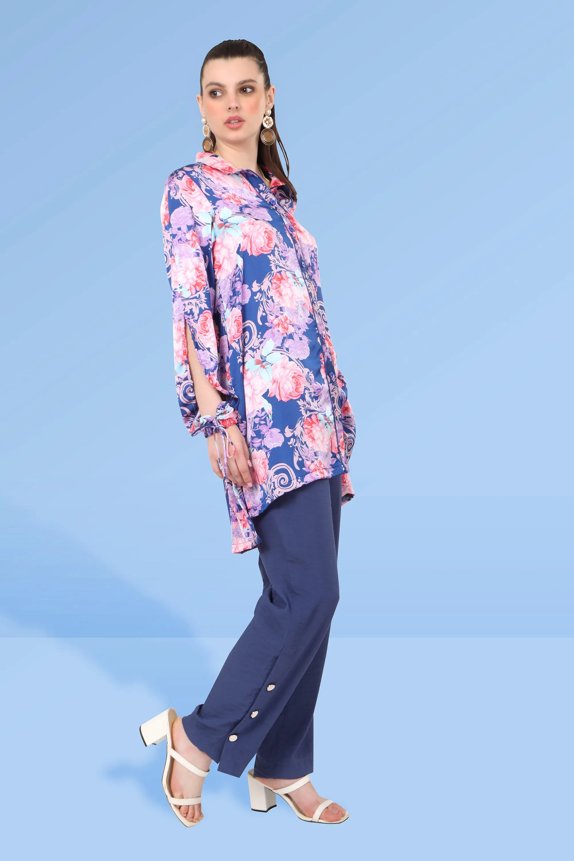 Purple Floral Print Long Sleeve Tunic