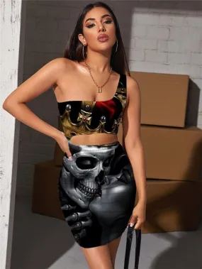 Skull Dresses Women Skeleton Vestido Sexy Crown Halter Sleeveless Hip Hop Hollow out Dresses