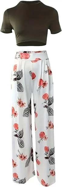 Two Piece Outfits for Women Sexy Pants Set Sexy Short Sleeve Crop Top Pants Set Summer Casual Froral Print Wide Leg Pants   B131317