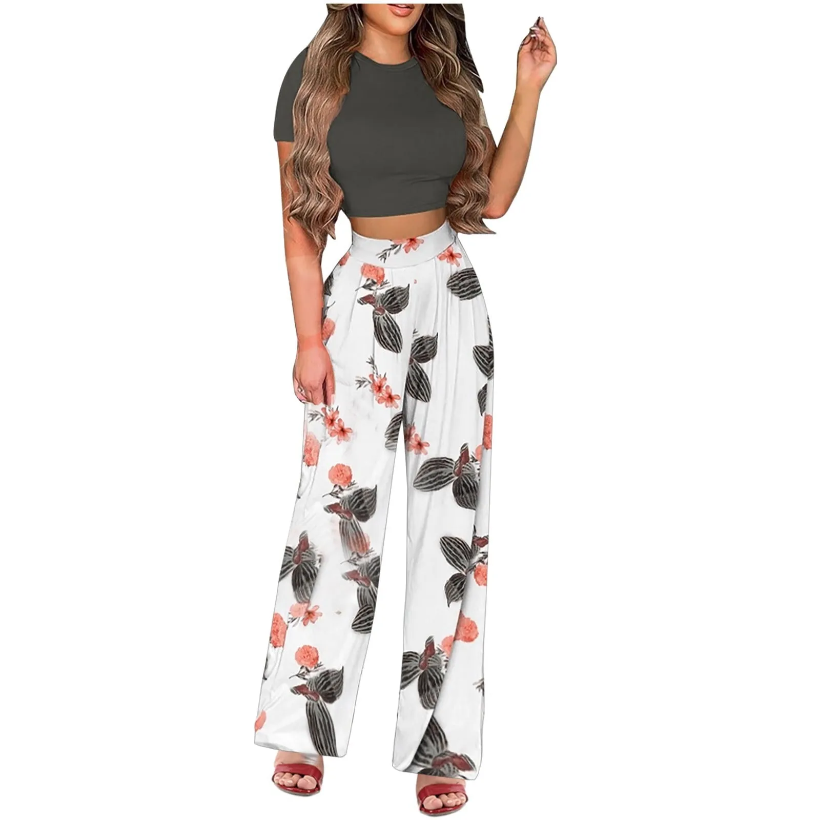 Two Piece Outfits for Women Sexy Pants Set Sexy Short Sleeve Crop Top Pants Set Summer Casual Froral Print Wide Leg Pants   B131317