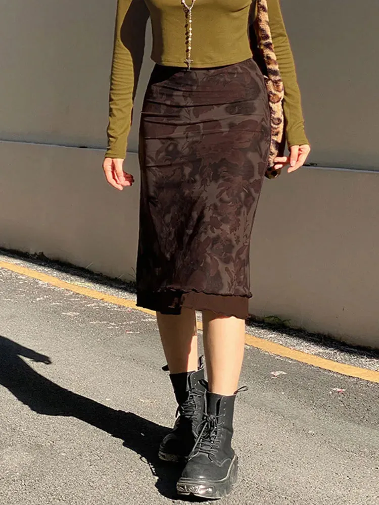 Vintage Gothic Grunge Aesthetic Floral Print Skirt