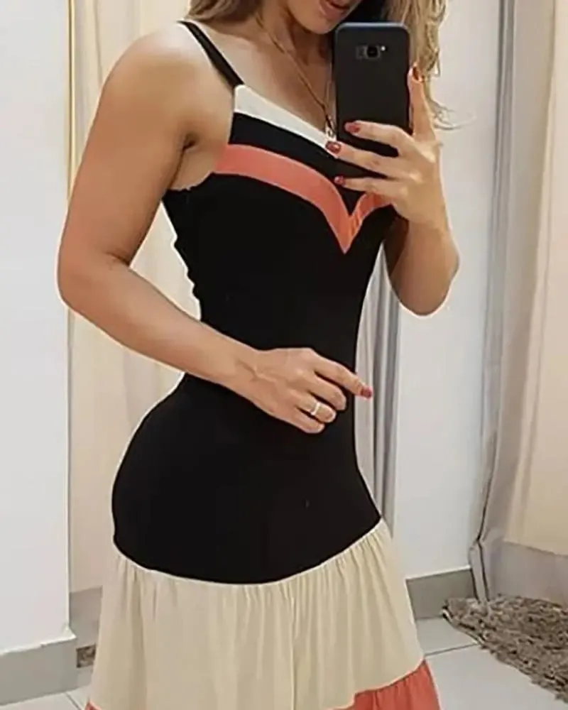 Women V neck Sleeveless Colorblock Spaghetti Strap Maxi Dress