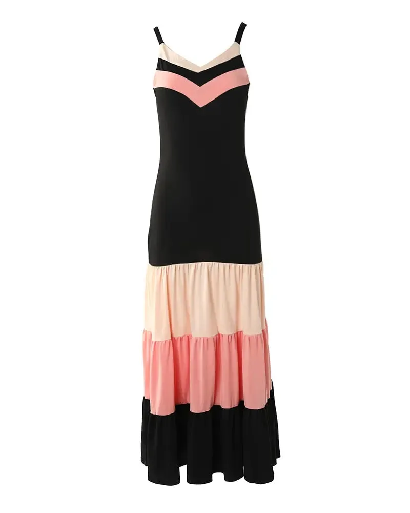 Women V neck Sleeveless Colorblock Spaghetti Strap Maxi Dress