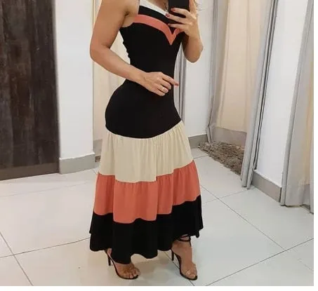 Women V neck Sleeveless Colorblock Spaghetti Strap Maxi Dress